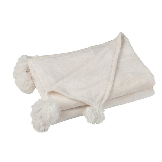 J-Line Plaid Pompon - polyester - crème - 170 x 130 cm