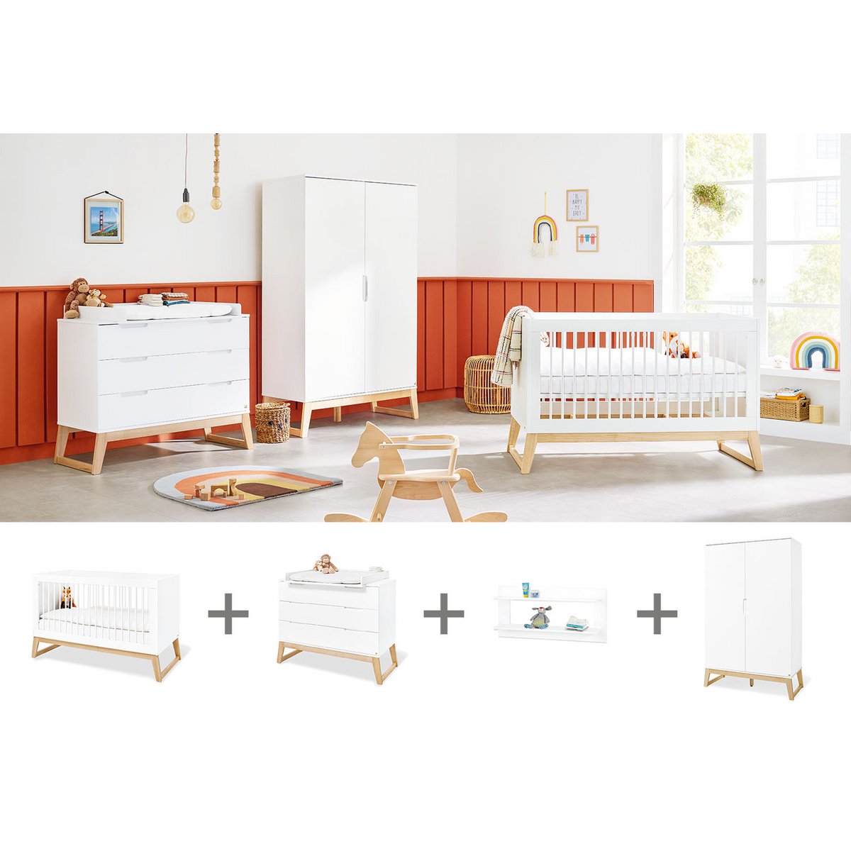Set 'Brug' breed, incl. wandplank 4 delen: ledikant, brede commode, 2-deurs kledingkast, wandplank