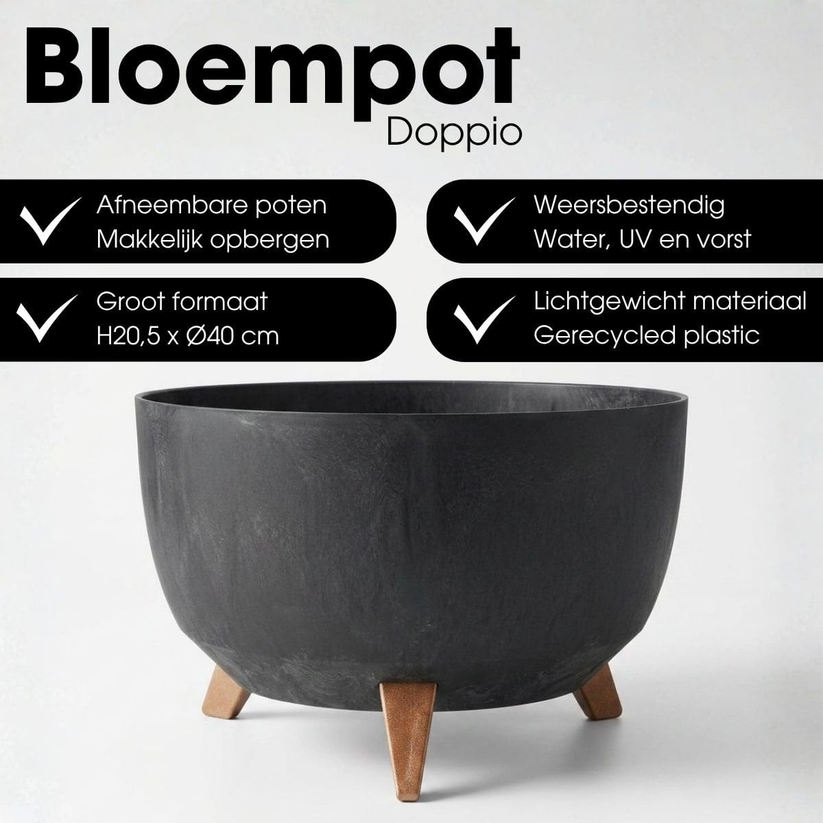 Plantenbak buiten Doppio Zwart Ø40cm H20,5cm
