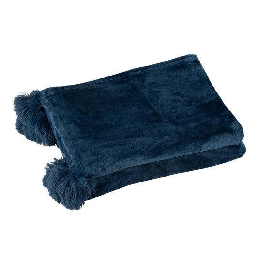 J-Line plaid Pompom - polyester - blauw - 170 x 130 cm