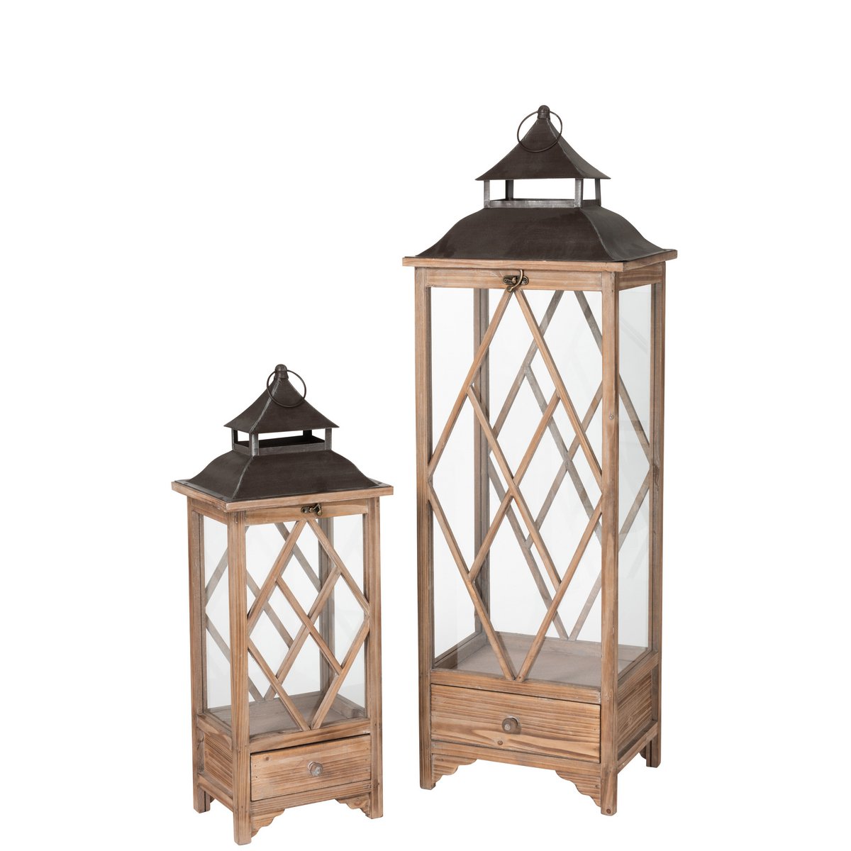 J-Line Set Van 2 Lantaarn Ruit Sparhout/Metaal Licht Bruin/Zwart