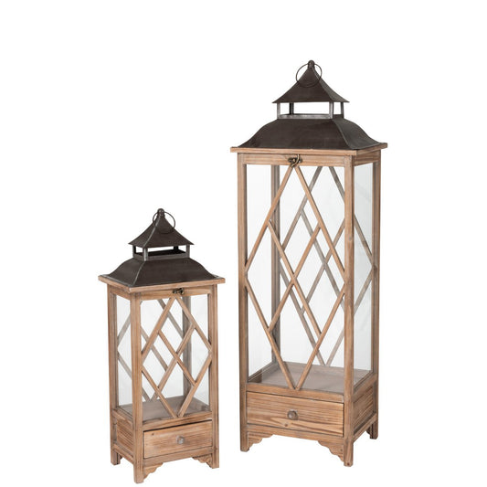 J-Line Set Van 2 Lantaarn Ruit Sparhout/Metaal Licht Bruin/Zwart