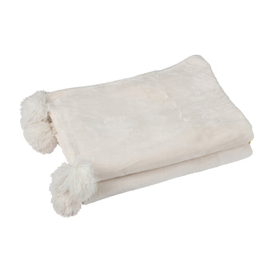 J-Line Plaid Pompon - polyester - crème - 170 x 130 cm