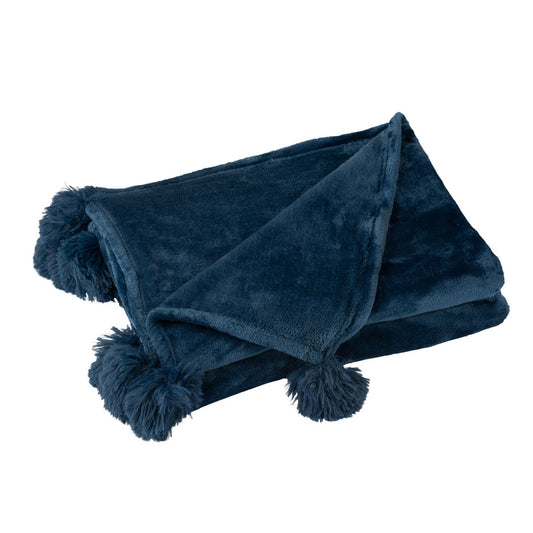 J-Line plaid Pompom - polyester - blauw - 170 x 130 cm