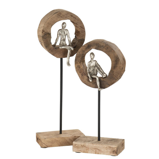 J-Line decoratie figuur Hoog Denker - hout/aluminium - naturel/zilver