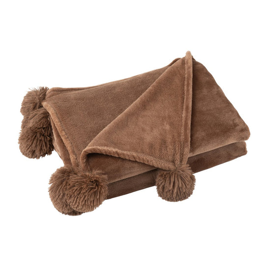 J-Line Plaid Pompon - polyester - bruin - 170 x 130 cm