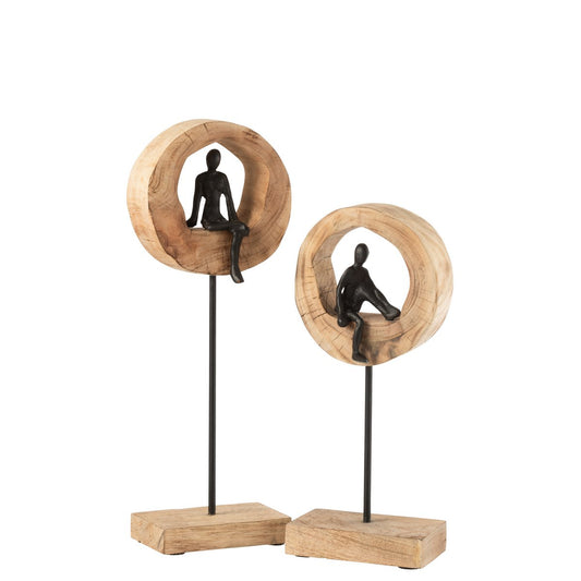 J-Line figuur Denk Ring - hout/aluminium - zwart/naturel