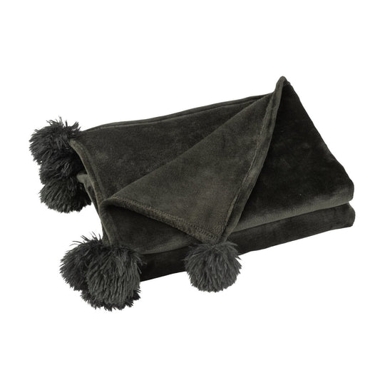 J-Line plaid Pompon - polyester - zwart - 170 x 130 cm