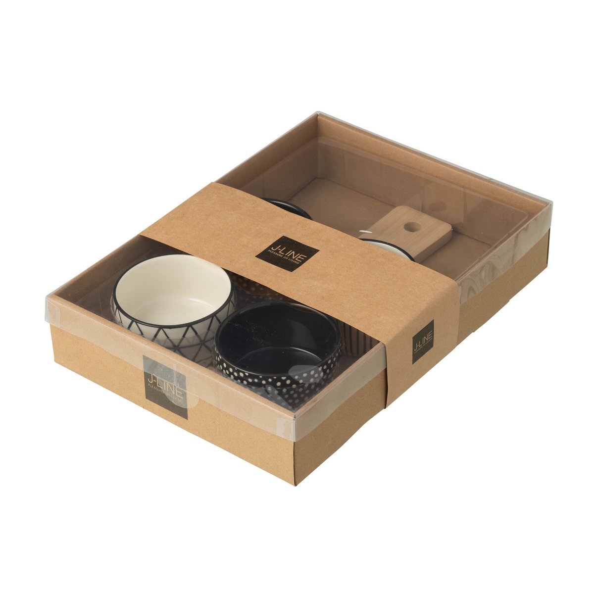 J-Line Tapasservies 4 Sets + Bamboeschaal In Doos Zwart/Wit