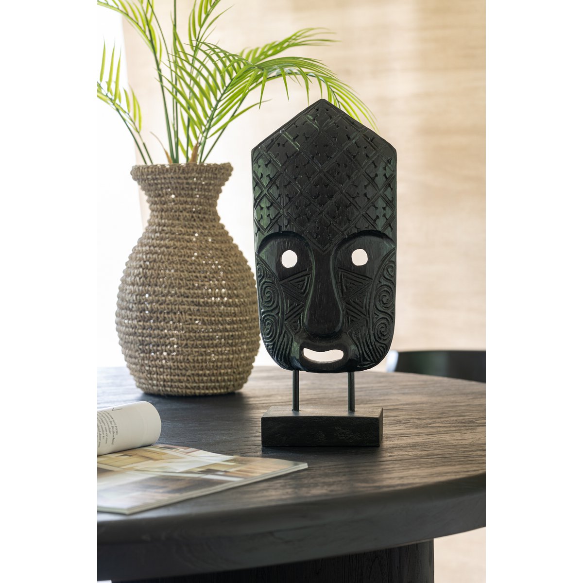 J-Line decoratie masker Op Voet Albasia - hout - zwart - small