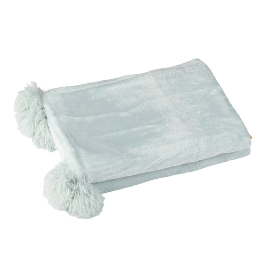 J-Line Plaid Pompon - polyester - lichtblauw - 170 x 130 cm