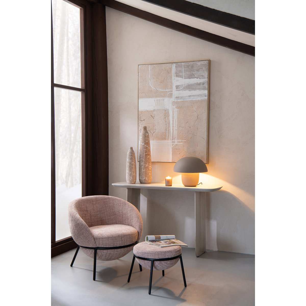 J-Line Loungestoel+Poef Ijzer Lichtroze/Zwart