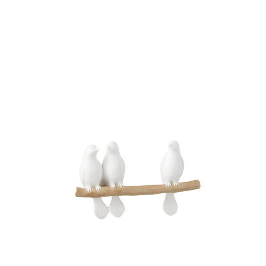 J-Line decoratie 3 Vogels Op Tak - polyresin - wit/naturel