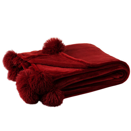 J-Line Plaid Pompon - polyester - rood - 170 x 130 cm