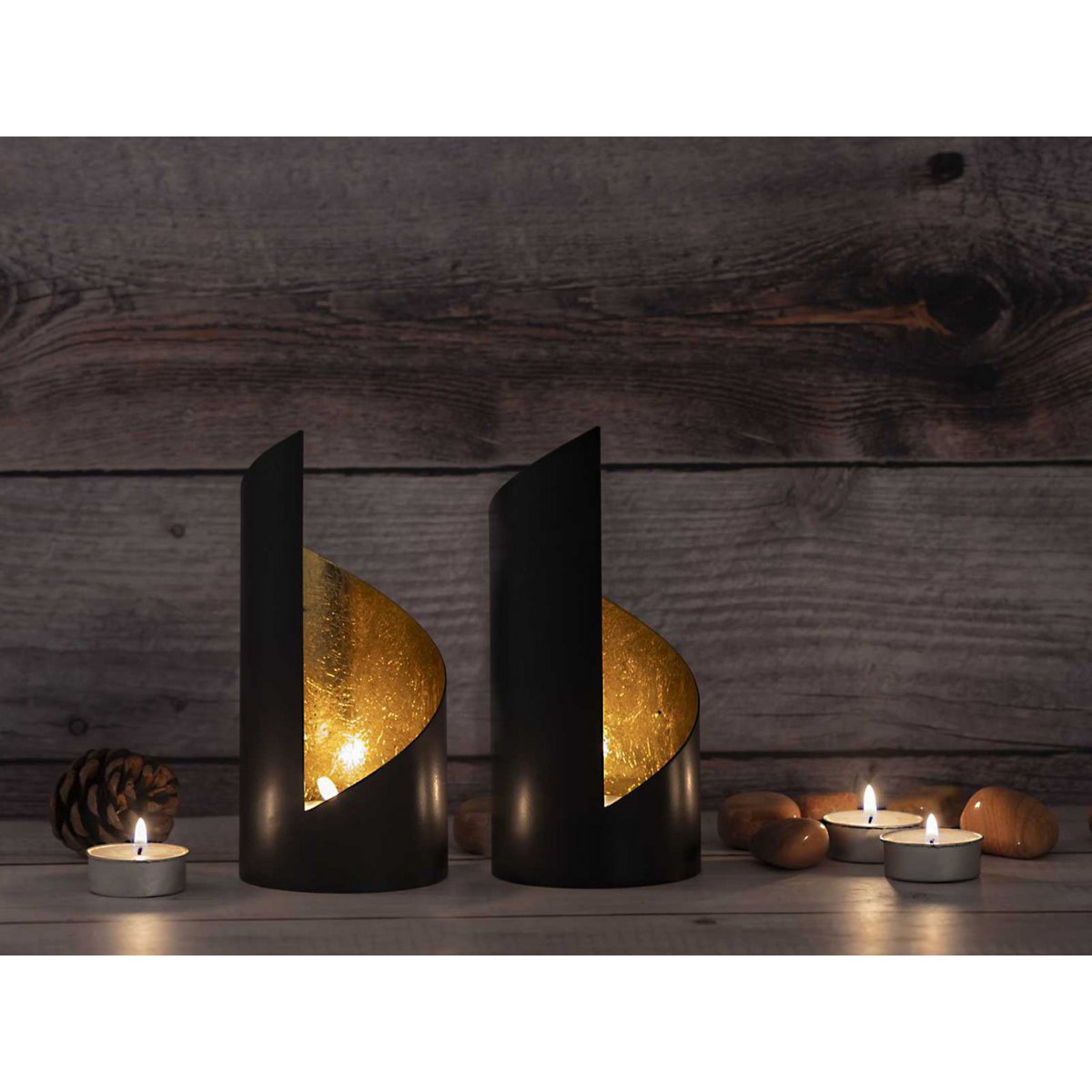 Theelichthouder set van 2 Zwart/Goud Hoogte 18cm
