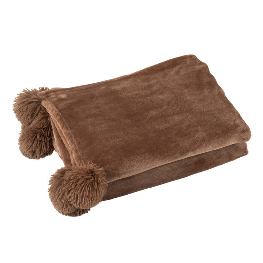 J-Line Plaid Pompon - polyester - bruin - 170 x 130 cm