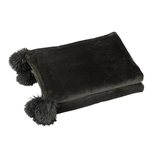 J-Line plaid Pompon - polyester - zwart - 170 x 130 cm