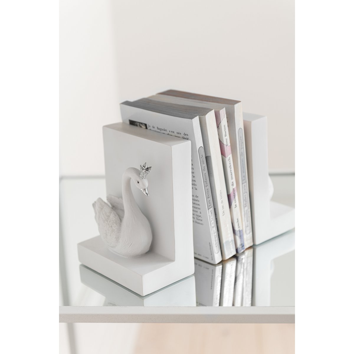 J-Line boekensteun Zwaan - Polyresin - wit - 2 stuks