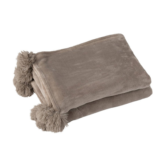 J-Line Plaid Pompon - polyester - taupe - 170 x 130 cm
