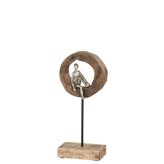 J-Line decoratie figuur Denker Ring - hout/aluminium - naturel/zilver