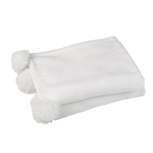 J-Line Plaid Pompon - polyester - wit - 170 x 130 cm