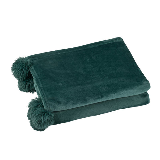 J-Line plaid Pompon - polyester - donkergroen - 170 x 130 cm