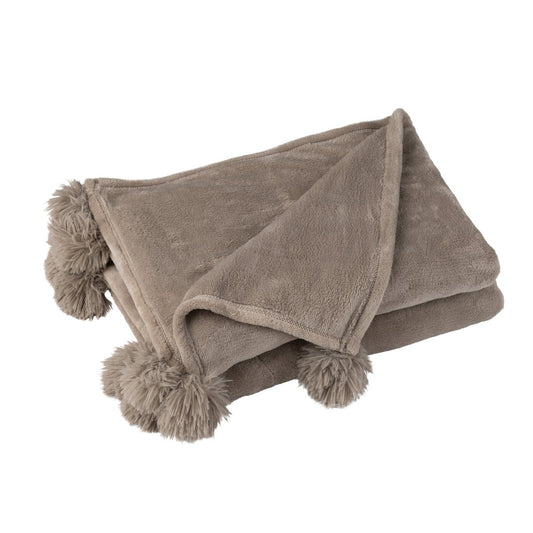 J-Line Plaid Pompon - polyester - taupe - 170 x 130 cm