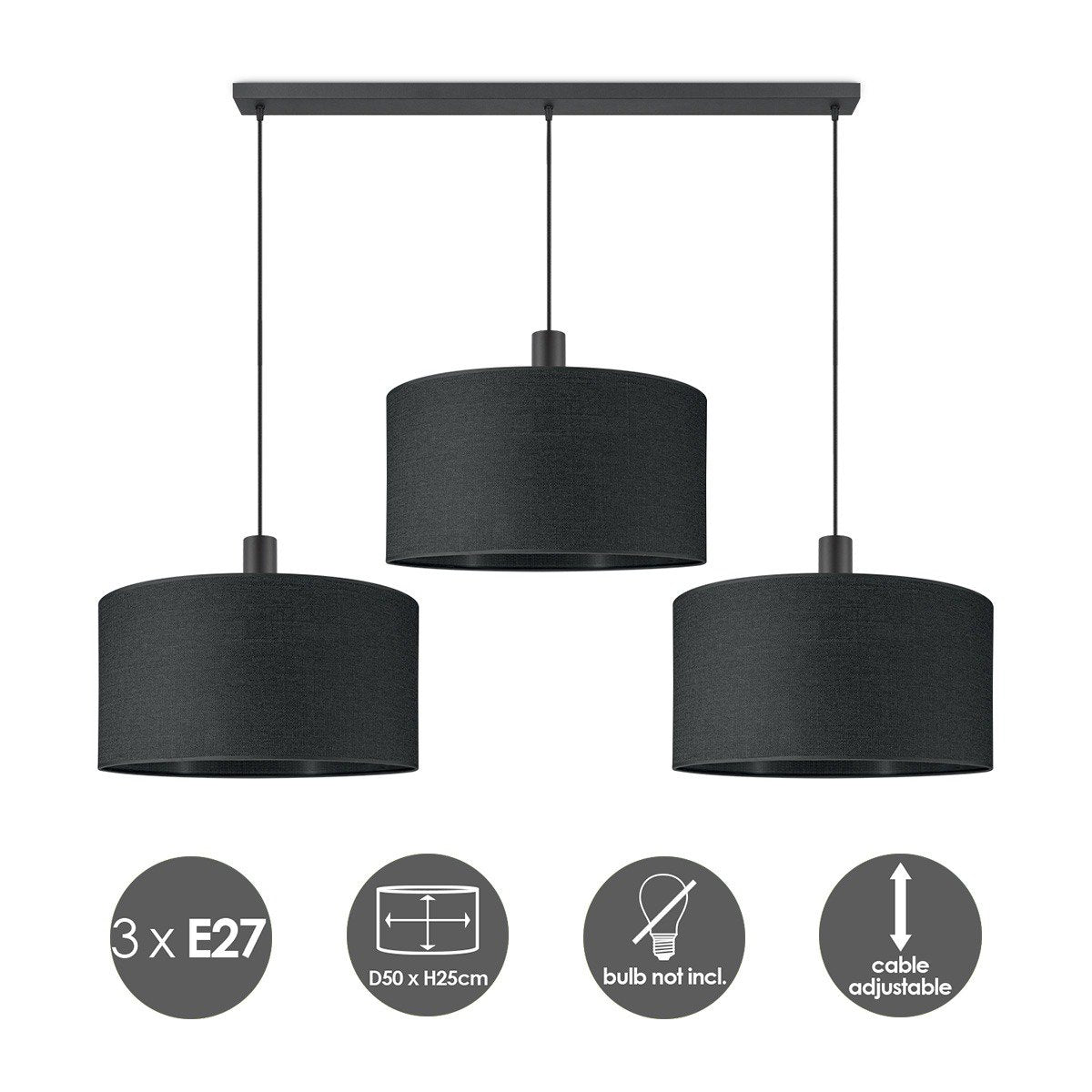 Hanglamp Canvas-Xxl Beam 3L - Zwart - 50cm