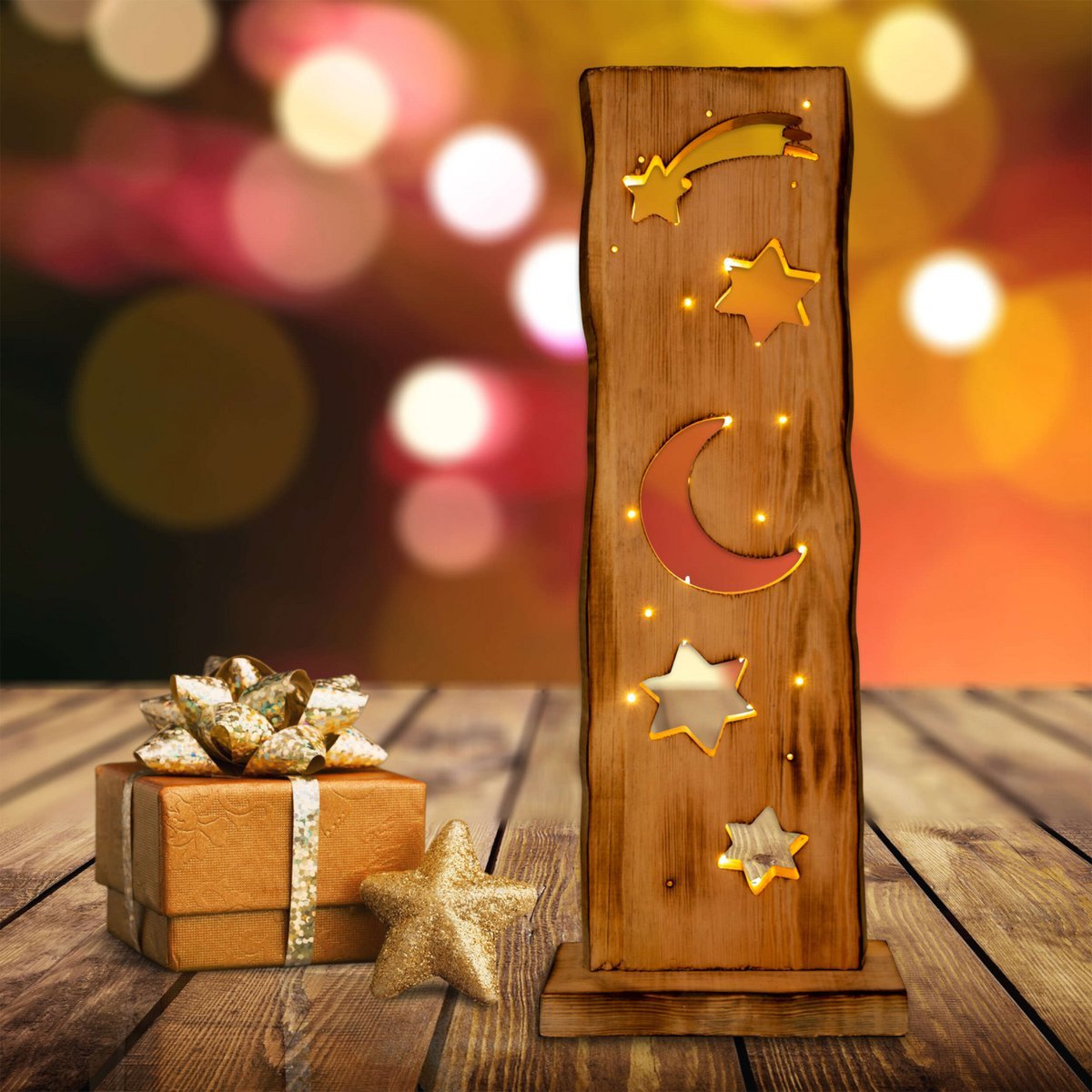 Houten Bord Maan en Sterren Hoogte 60cm met LED