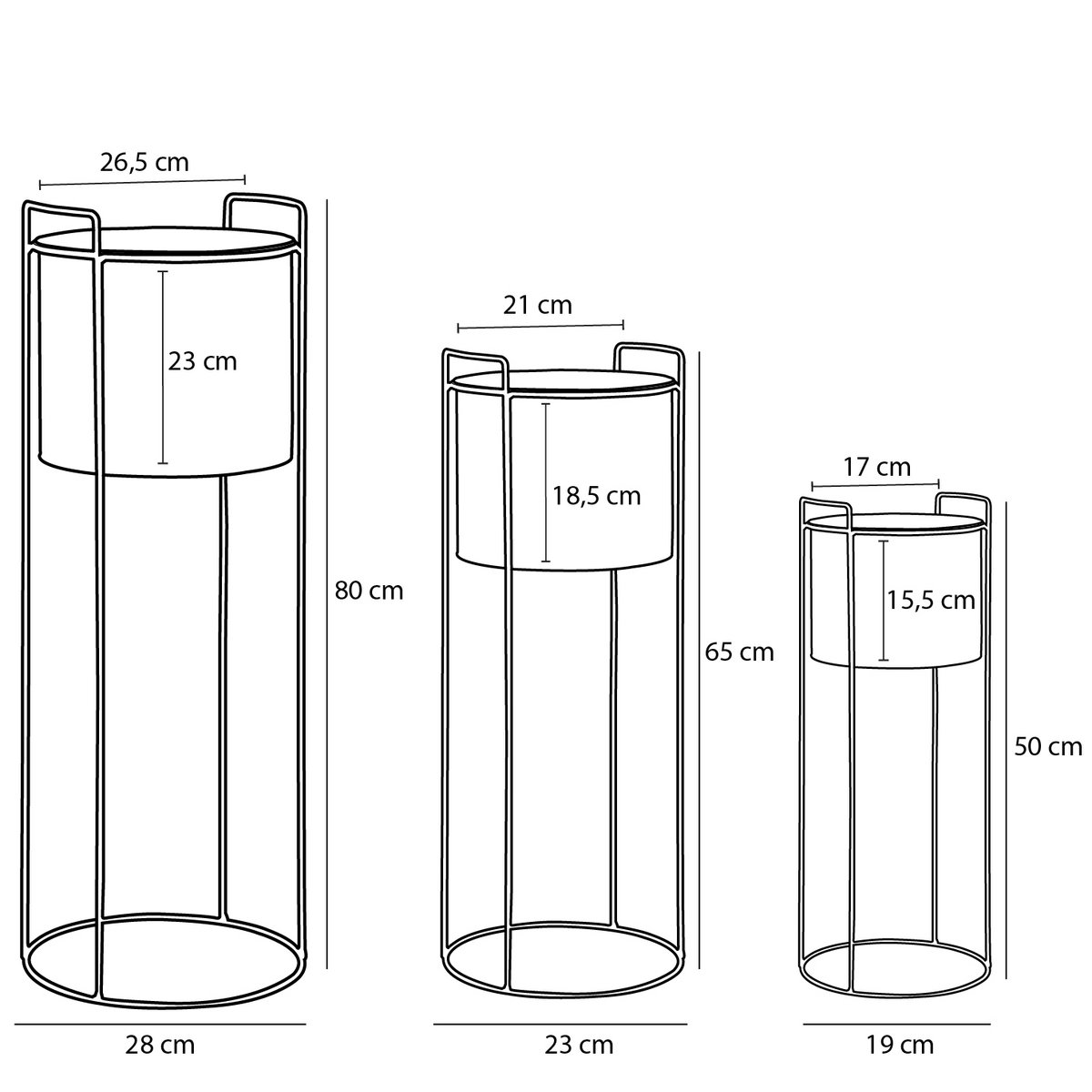 Bloempot op Standaard Favani - Set van 3 - H80 x Ø28cm - Goud