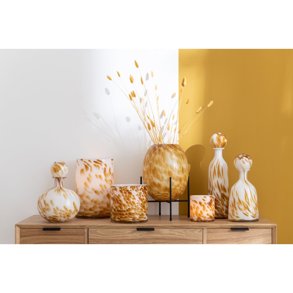 J-Line vaas + Voet Spikkel - glas - wit/oker - Ø 23 cm