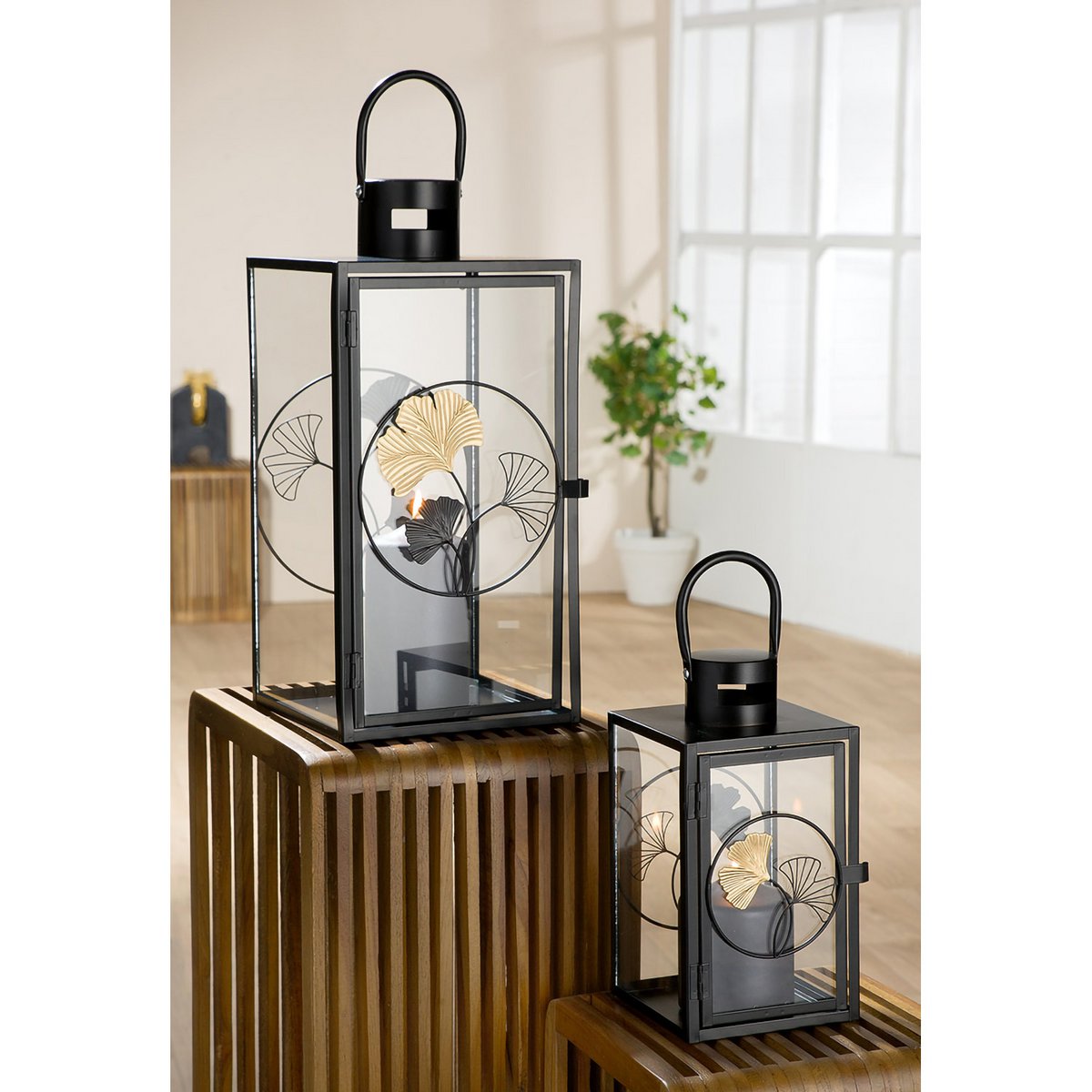 2 stuks Lantaarn Ginkgo H 40 en 19 cm