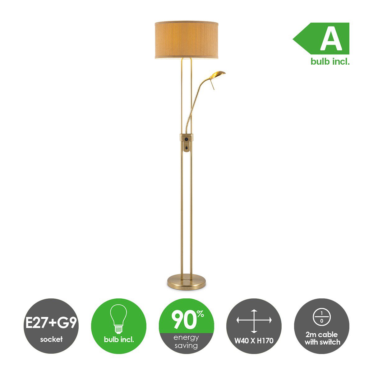 Moderne Vloerlamp - 40/40/170cm - Linnen Lampenkap