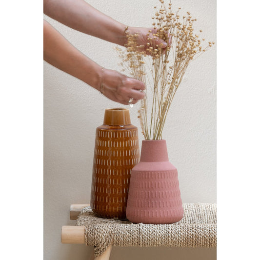 J-Line vaas Ria Gekerfd - porselein - terracotta - small - Ø 16 cm