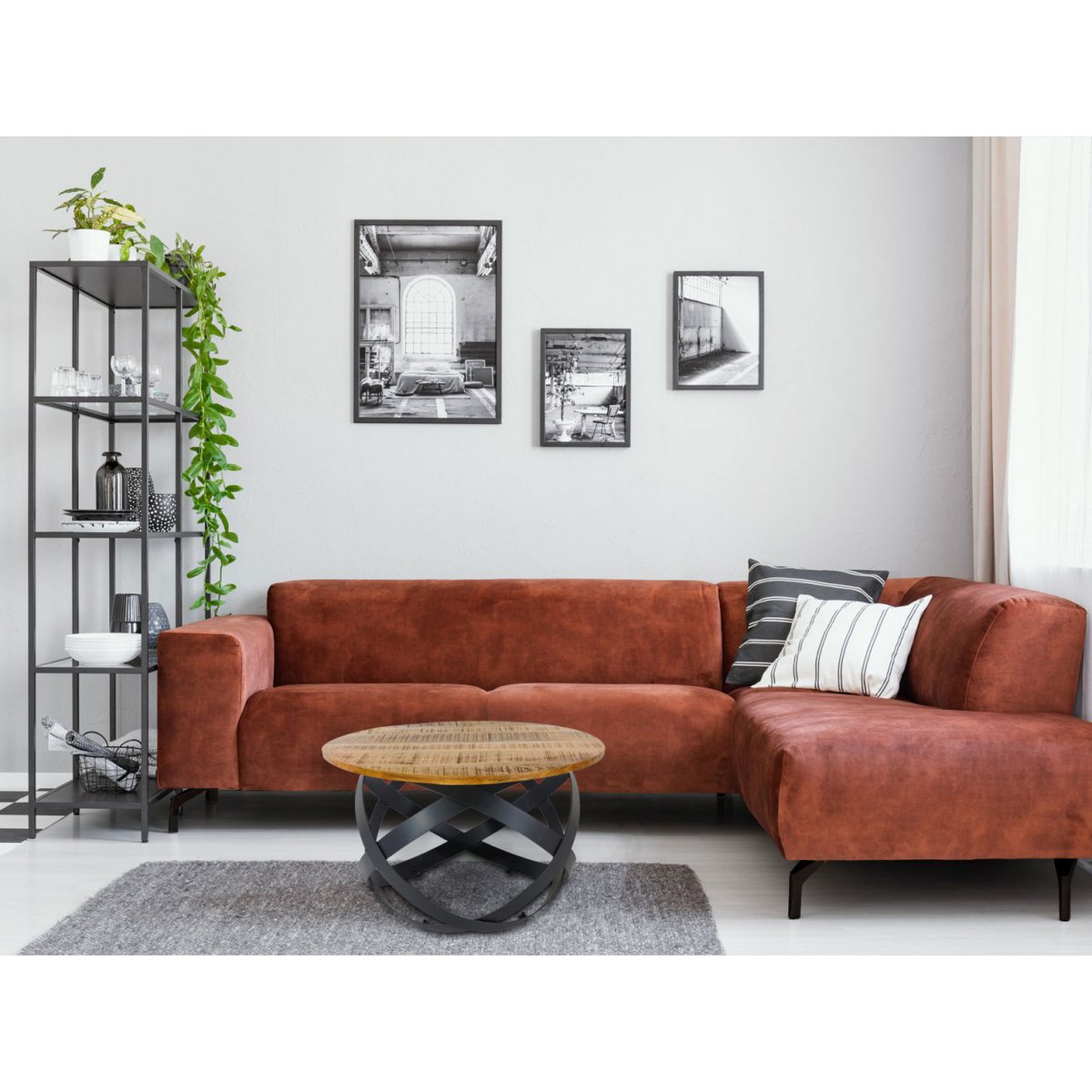 Salontafel rond Orbit massief hout met metalen frame