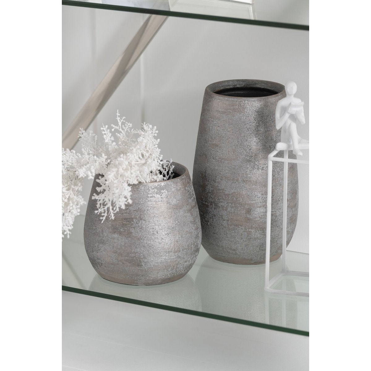 J-Line Vaas Oneffen Ruw Keramiek Zilver Small - 31 cm hoog