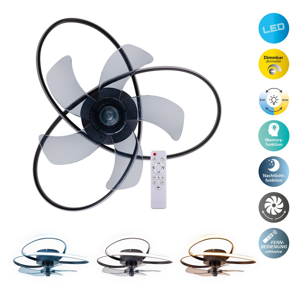 Plafondlamp LED "Leccio" met ventilator, nachtlichtfunctie, dim- en lichttemperatuurinstelling