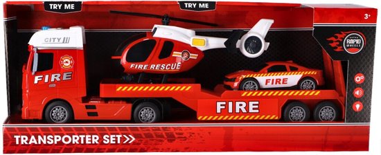 Rapid Wheels Autotransporter Brandweer + Auto en Helikopter + Licht en Geluid