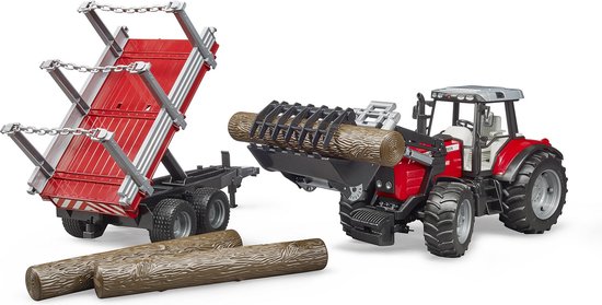 Bruder 02046 Massey Ferguson 7480 Tractor + Voorlader + Houttransportaanhanger + 3 Boomstammen