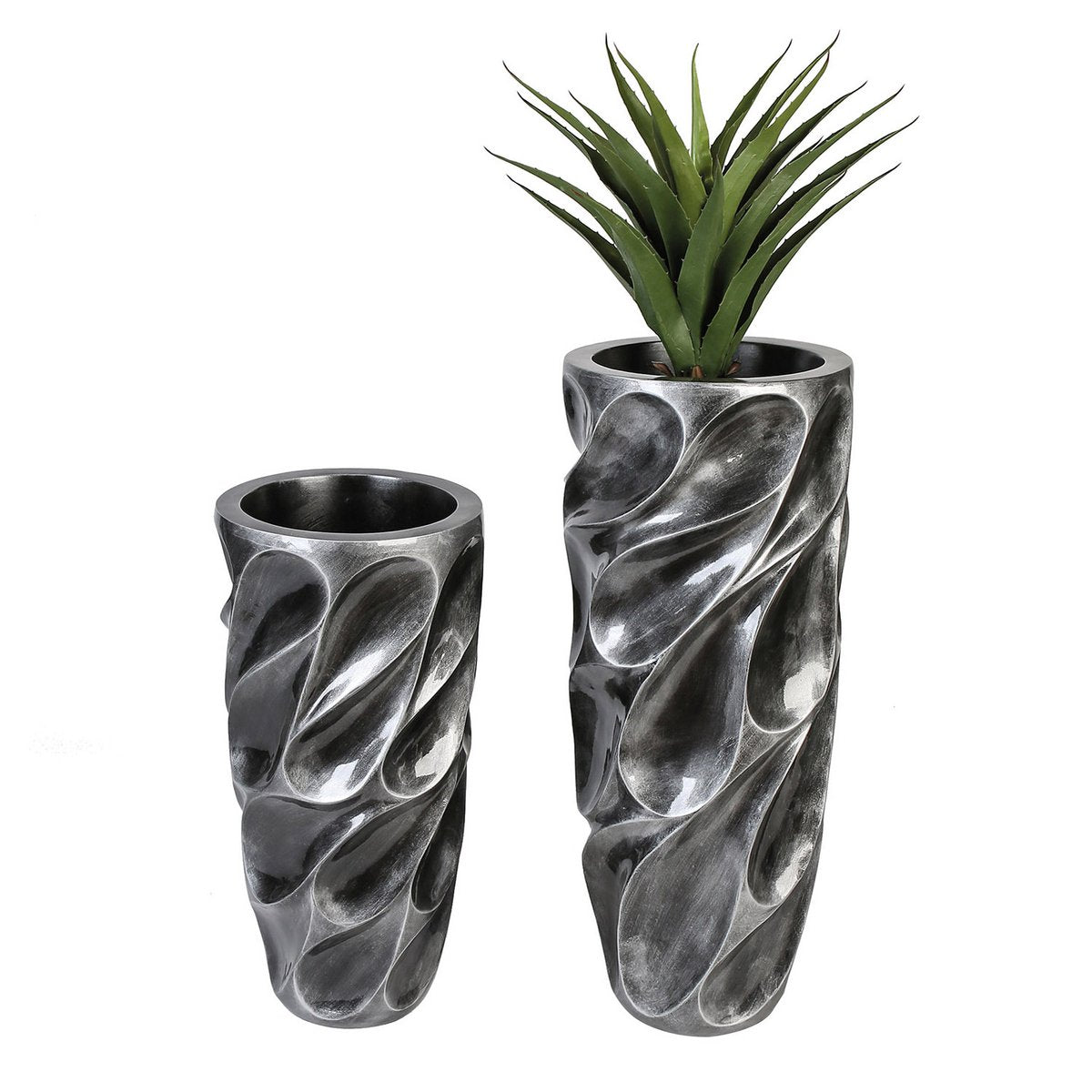 Bloempot "Drop", antiek zilver. 70cm hoog
