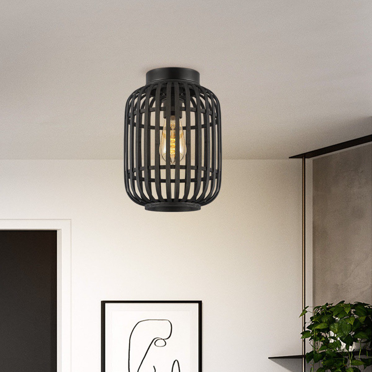 Plafondlamp met Bamboe kap 21,5 x 21,5 x 30 cm