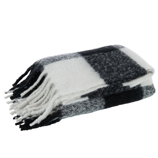 J-Line Plaid tegels - polyester - zwart/wit - 152 x 127 cm