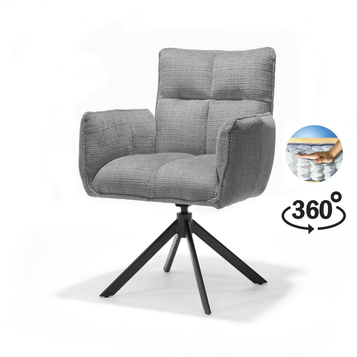 Nova armstoel Stof Cremona #85 Licht Grijs - 360 Draaibaar frame zwart A360