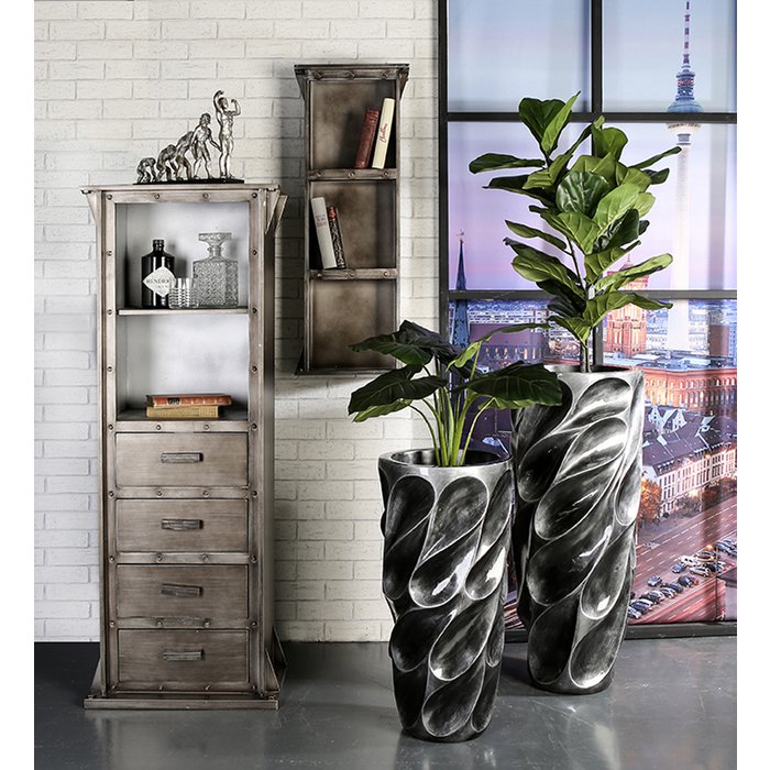 Bloempot "Drop", antiek zilver. 90cm hoog