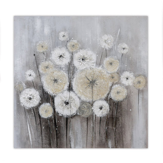 Hout/linnen schilderij "Paardebloem" wit/grijs/crème 100x100