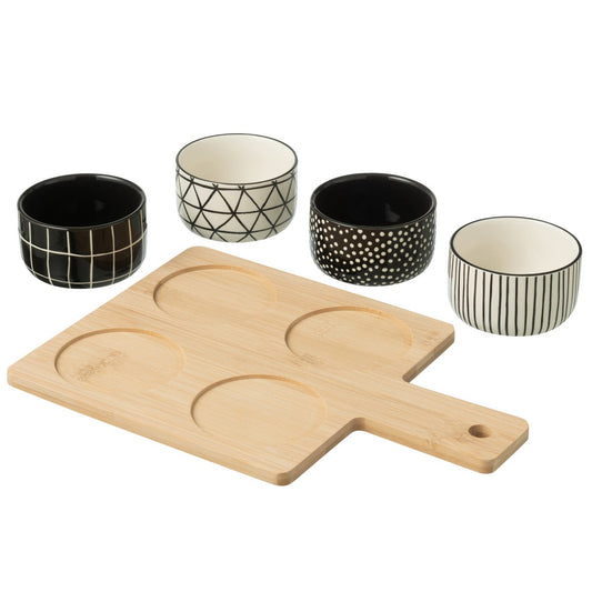 J-Line Tapasservies 4 Sets + Bamboeschaal In Doos Zwart/Wit