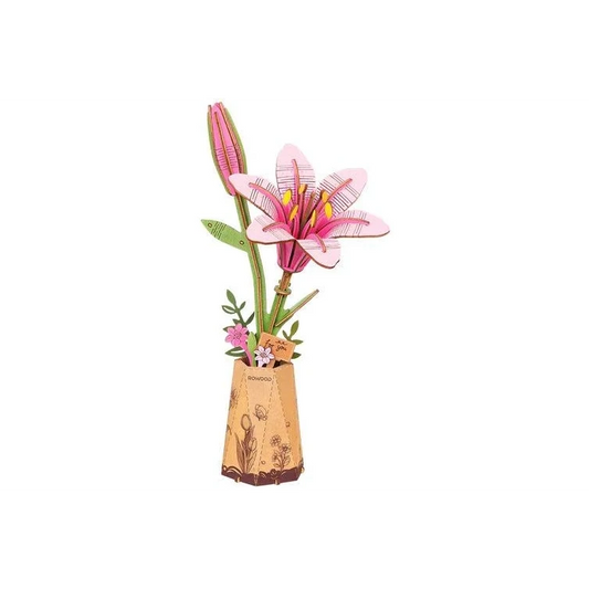 Houten Bloem Roze Lelie 12x7x29cm