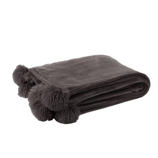 J -Line Plaid Pompon - Polyester - Donkertaupe - 170 x 130 cm