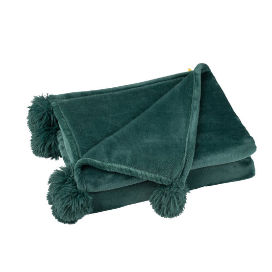 J-Line plaid Pompon - polyester - donkergroen - 170 x 130 cm