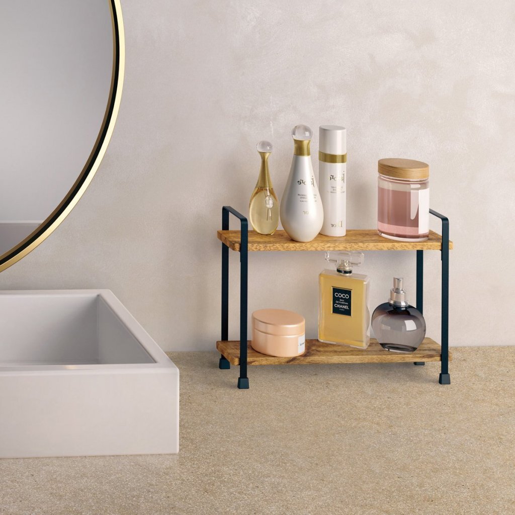Metaltex York Lava Kruidenrek 2 Etages 8x34x23 cm Acacia Hout/Zwart Metaal